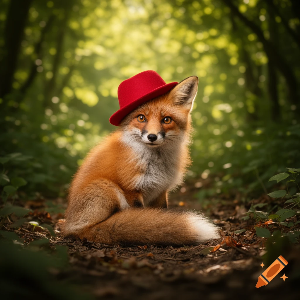 A cute red fox wearing a red hat sits on a forest path, looking directly at the viewer. Photorealistic.