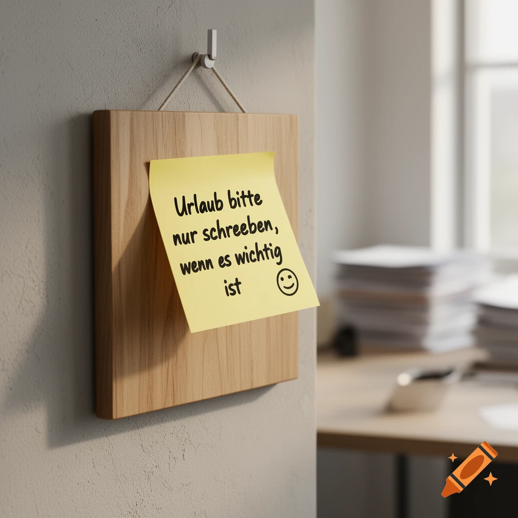 A yellow sticky note on a wooden board hanging on a wall, with German text "Urlaub bitte nur schreiben, wenn es wichtig ist ", and a smiley face, in an office setting.