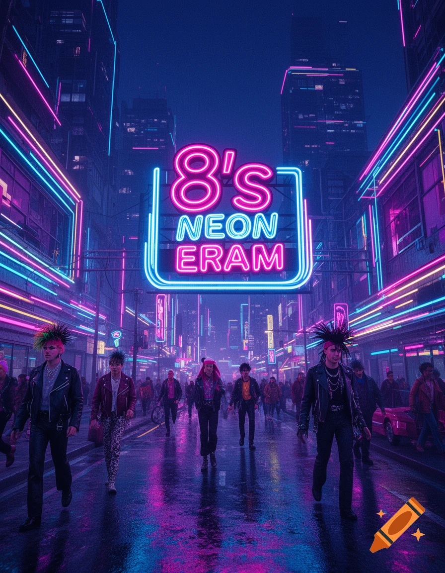 A vibrant 80s-inspired cyberpunk cityscape with people in punk fashion walking down a wet street illuminated by neon lights.