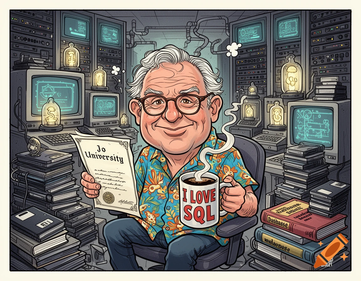 Humorous cartoon of an older man with glasses and a Hawaiian shirt, proudly holding a diploma and a coffee mug that says 'I LOVE SQL' in a messy server room.