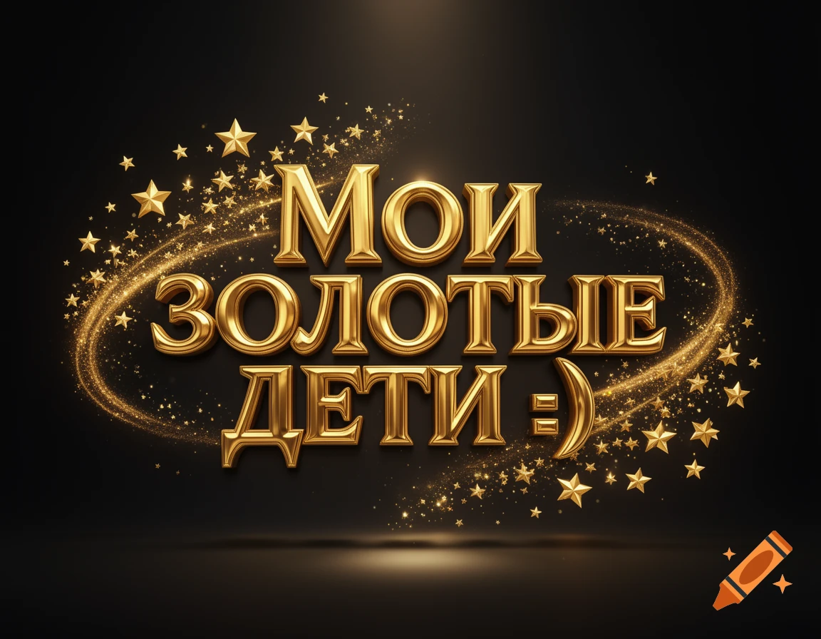 Polished golden 3D text 'Мои золотые дети :)' on a dark background, surrounded by swirling gold stars and sparkles with volumetric lighting.