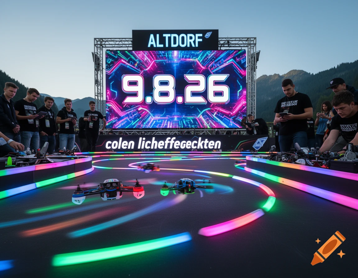 Photorealistic image of an outdoor drone race with spectators, neon-lit track, and a large LED screen displaying '9.8.26'.