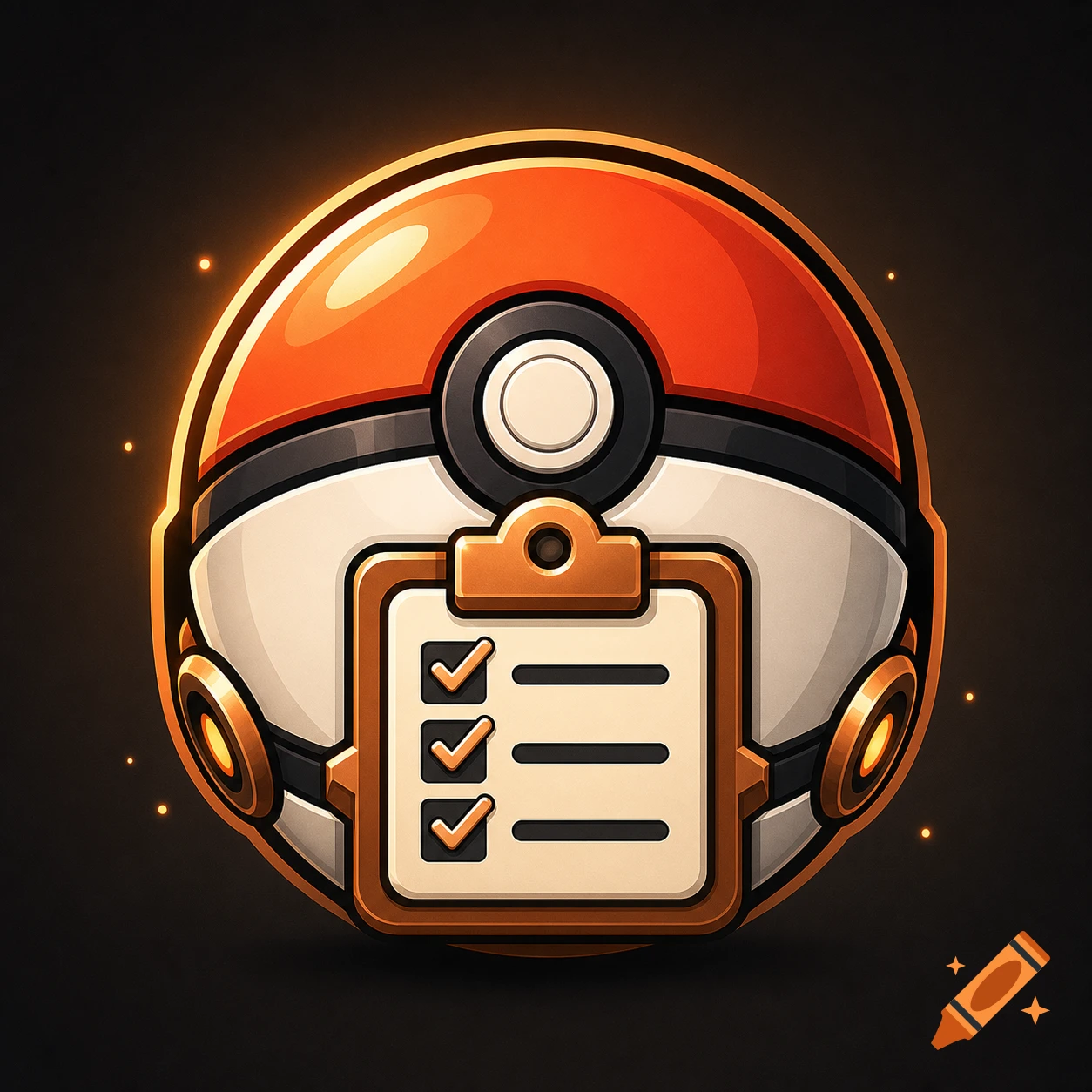 A stylized orange and white Poké Ball with a gold clipboard icon featuring three checked boxes on its front, glowing softly on a dark background.