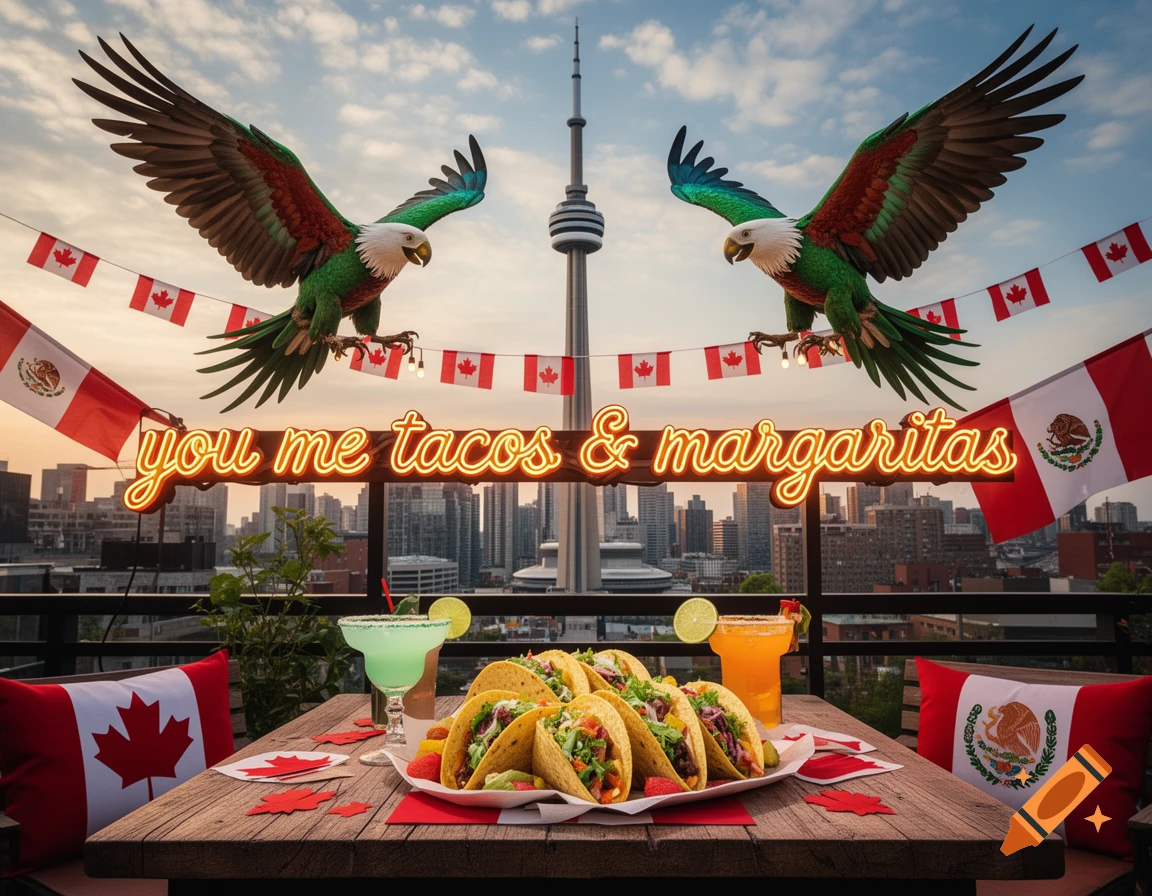 Stylized eagles, tacos, margaritas, and a neon sign over Toronto's CN Tower with Canadian and Mexican flags.