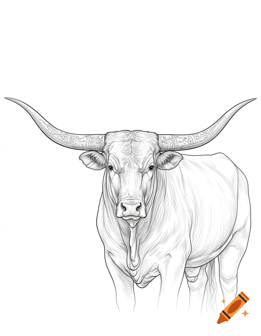Detailed line art of a longhorn bull facing forward on a white background.