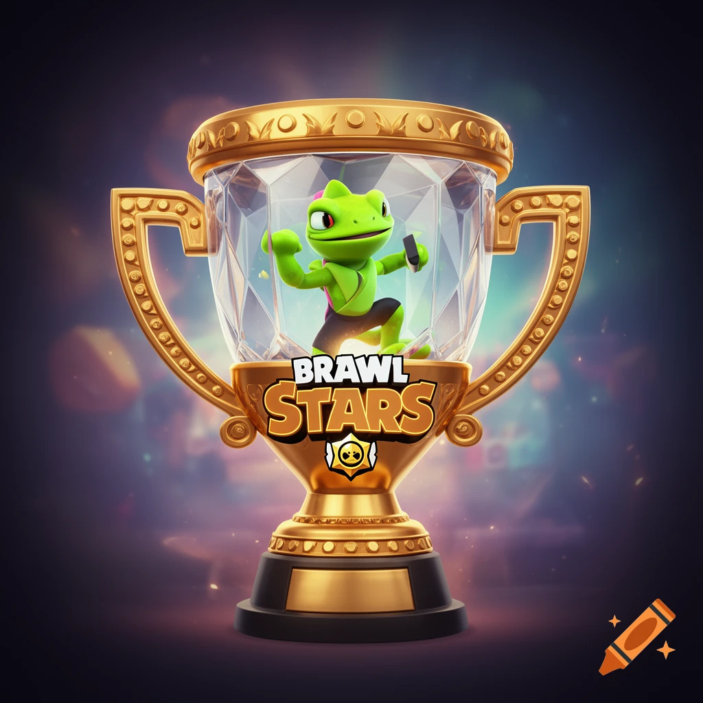 A golden trophy with a green frog-like character inside a crystal dome, with "BRAWL STARS" written on the base.