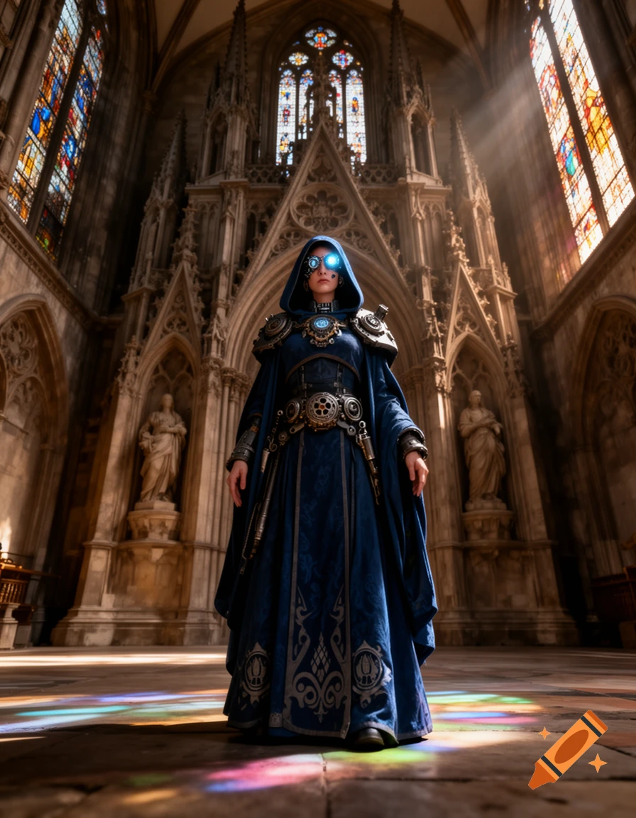 A female tech-priest in a blue robe and glowing goggles stands in a gothic cathedral with stained glass windows.