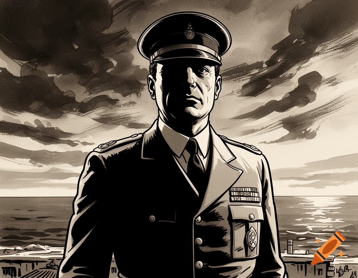 A man in a military uniform and cap, rendered in a high-contrast comic book style against a stormy sea and sky.