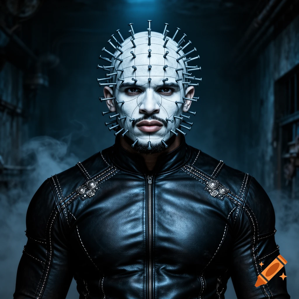 A man with a white face, black grid lines, and metallic nails mimicking Pinhead, wearing a black leather jacket in a smoky dark setting.
