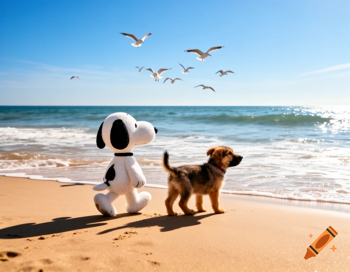 A Snoopy plush and a small brown puppy walk on a sandy beach next to the ocean under a clear blue sky with seagulls flying above.