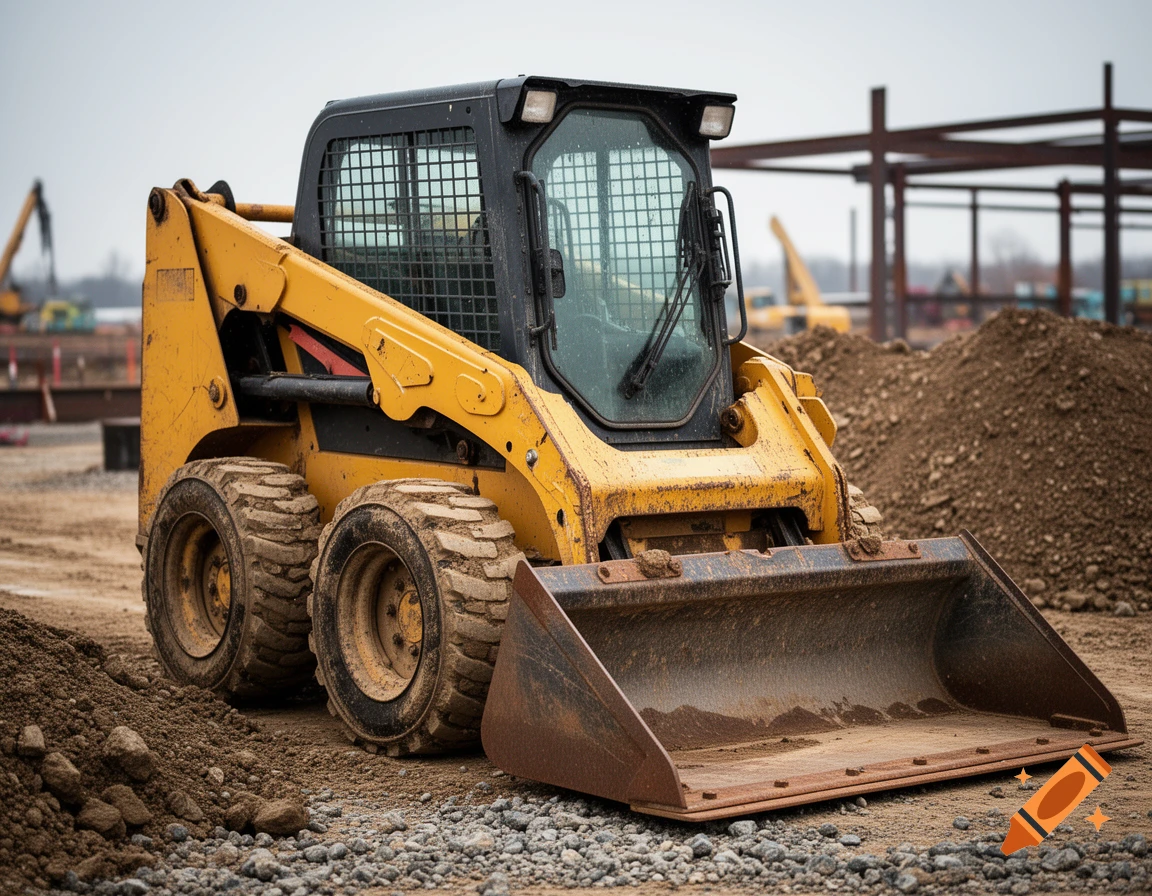 A yellow skid steer loader sits on a construction site, surrounded by dirt and gravel under an overcast sky.