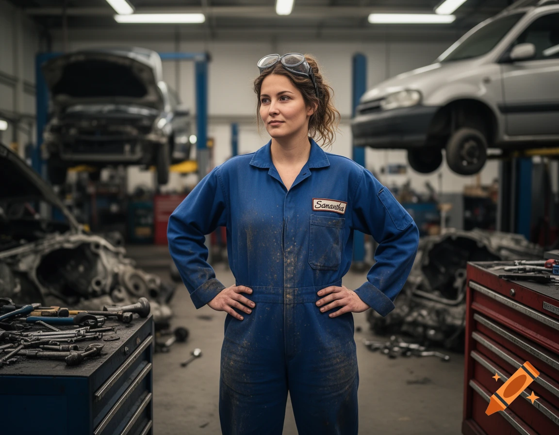 A photorealistic female mechanic in a blue jumpsuit with a 'Samantha' name tag, standing in a busy auto repair shop.