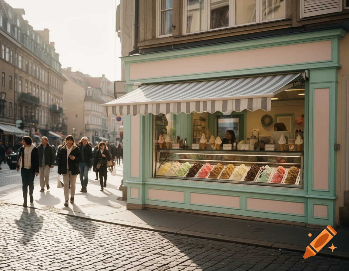 A street scene featuring a pastel green and pink ice cream parlor with a striped awning, displaying colorful ice cream tubs. People walk on a sunlit cobblestone street with buildings in the background.
