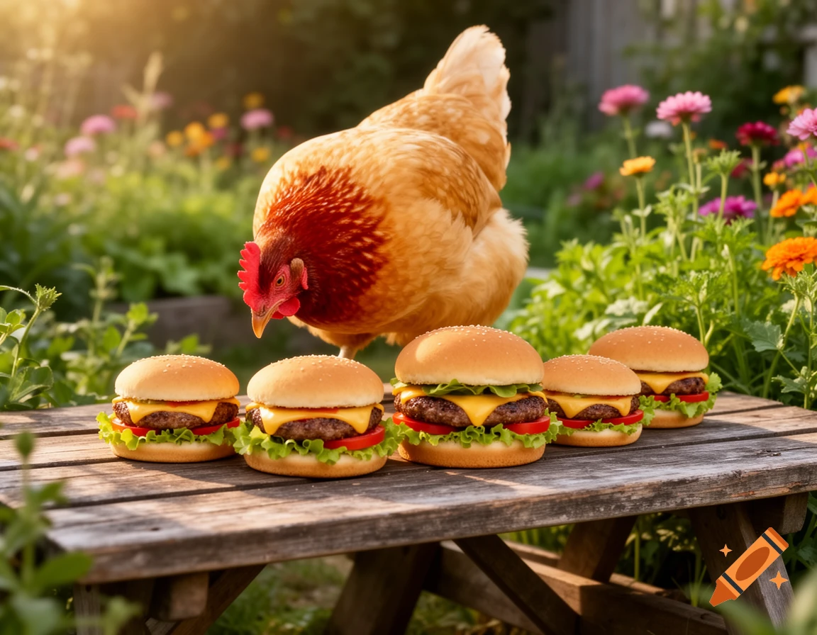 A photorealistic image of a chicken observing five cheeseburgers on a rustic wooden table in a vibrant garden.