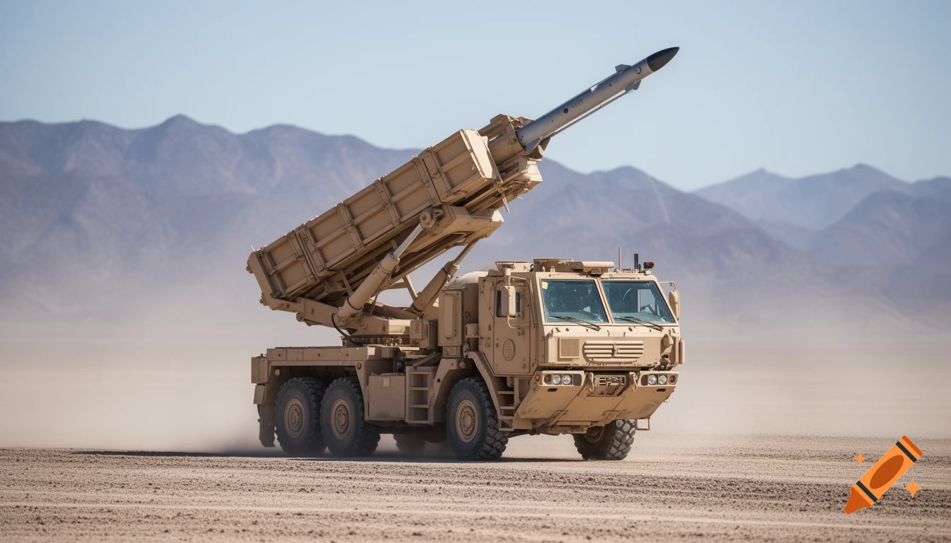 A photorealistic image of a desert camouflage M142 HIMARS rocket launcher with its missile elevated, kicking up dust in a vast desert landscape with mountains in the background.