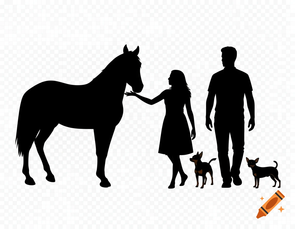 Black silhouettes of a horse, a woman reaching out, a man, and two small dogs on a transparent background.