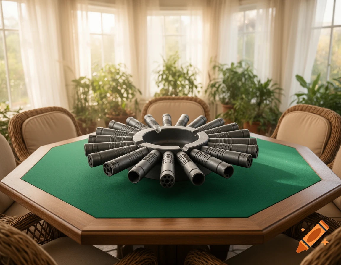 A comically large ashtray made of realistic AR-15 suppressors sits on a green octagonal poker table in a sunroom with large windows and plants.