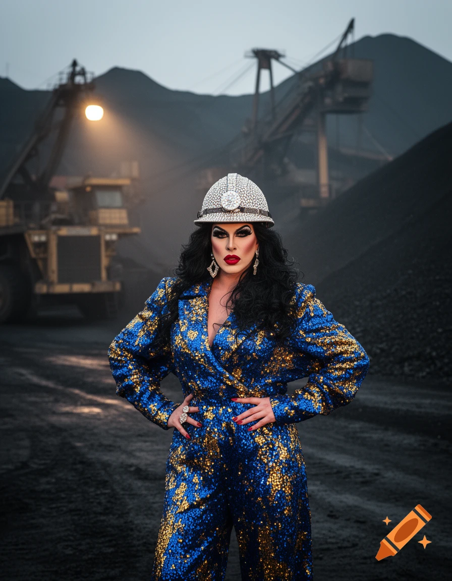 A drag queen in a blue and gold sequin jumpsuit and a bejeweled hard hat poses in a coal mine with heavy machinery.
