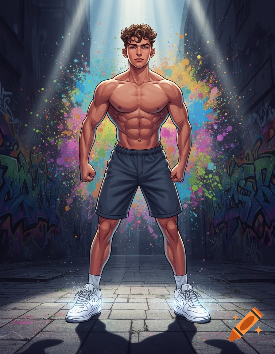 A stylized illustration of a muscular teenager in shorts and Nike sneakers standing in a graffiti-covered alley.