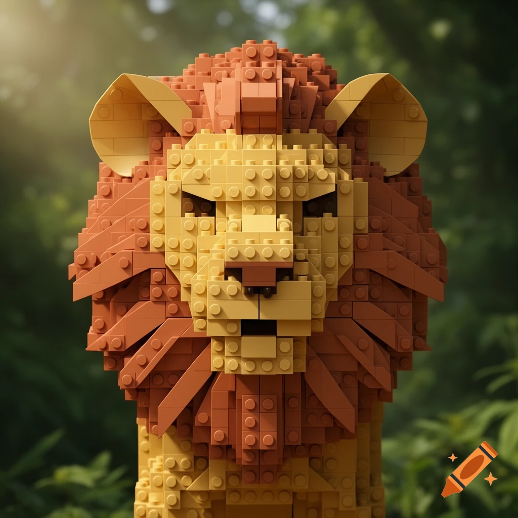 A close-up of a lion's head made entirely of yellow and brown Lego bricks, set against a blurry green background.
