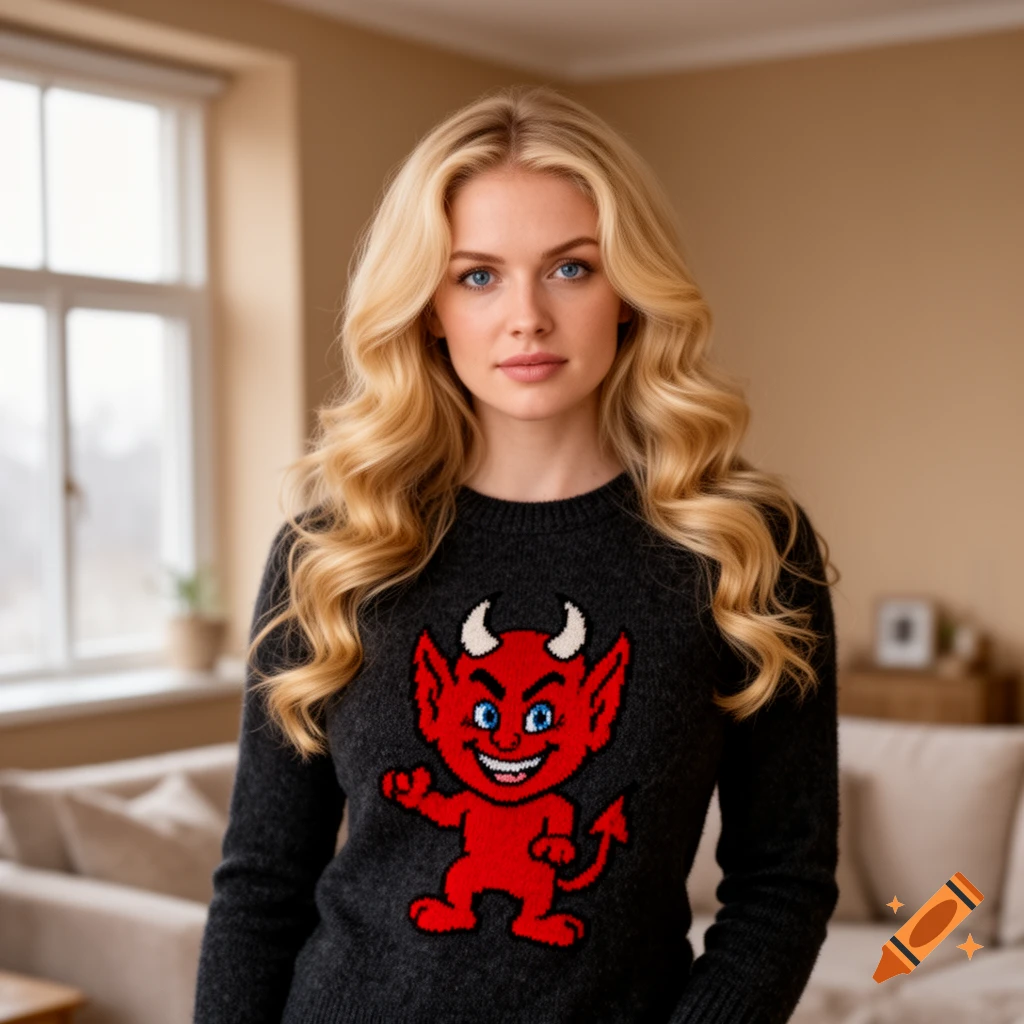 A blonde woman wearing a black sweater with a red cartoon devil design, standing in a brightly lit room.