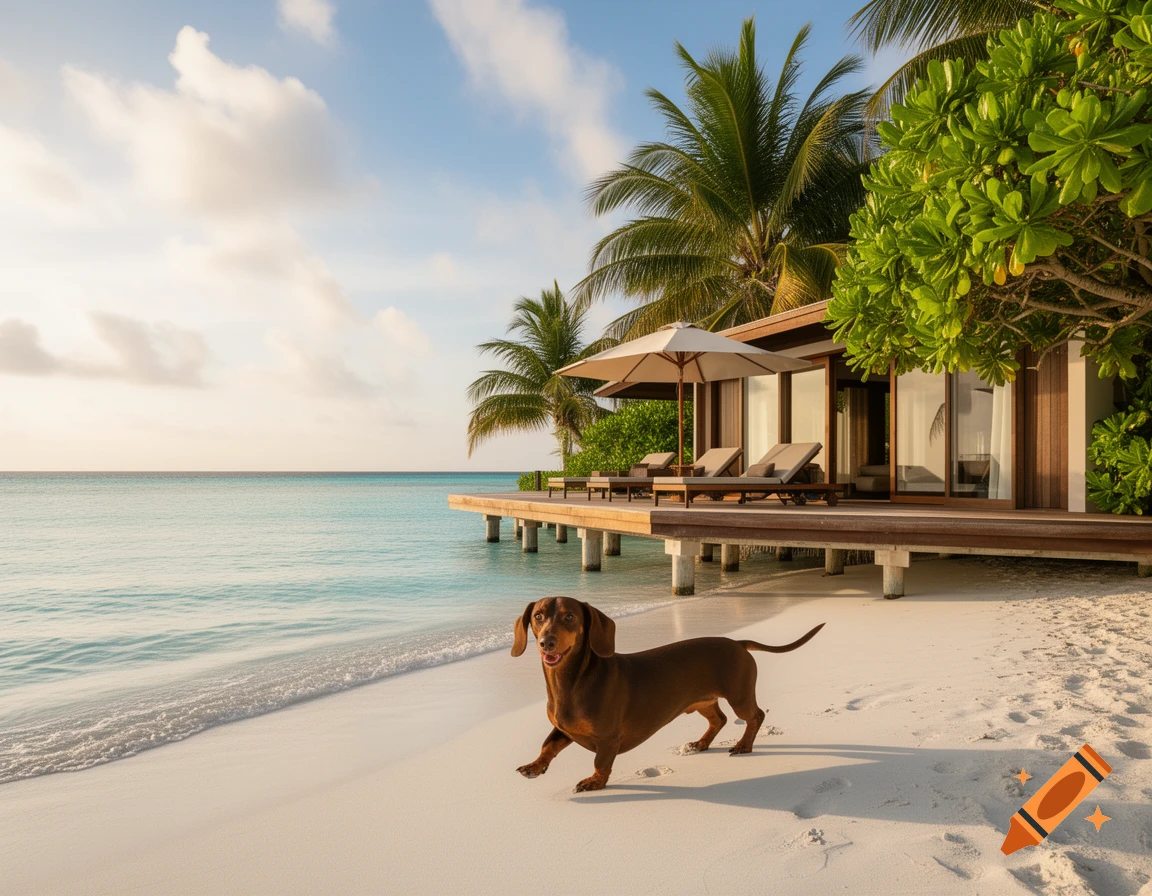 A brown dachshund runs on a white sand beach in front of a tropical resort over the ocean at sunset.