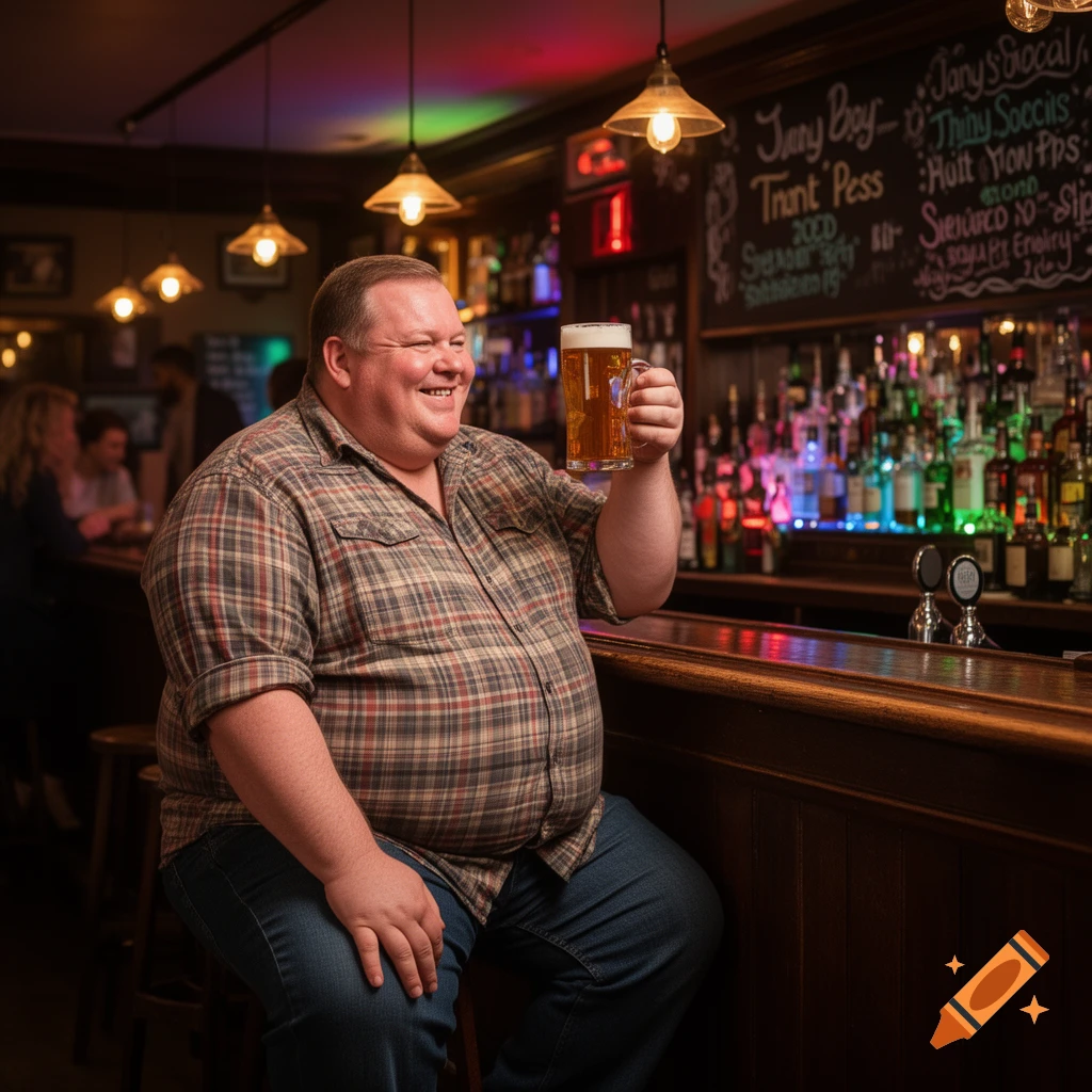 A smiling obese man in a plaid shirt sits at a bar, holding up a glass of beer.