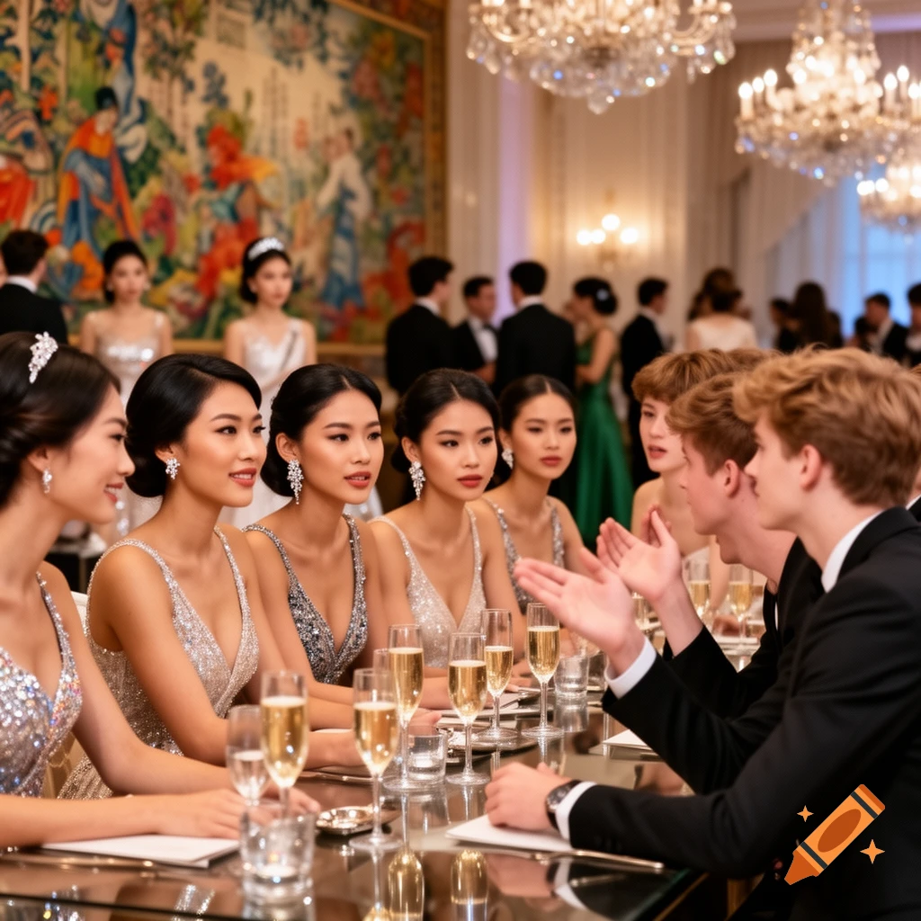 Elegantly dressed women and men at a formal dinner table, drinking champagne in a grand hall with chandeliers and tapestries.