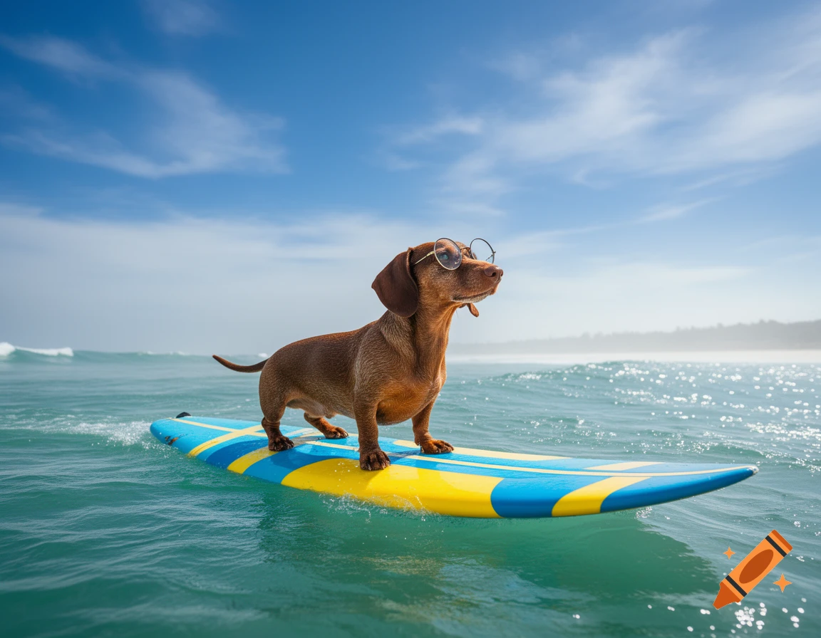 A brown dachshund wearing round glasses stands on a blue and yellow surfboard in the ocean under a clear sky.
