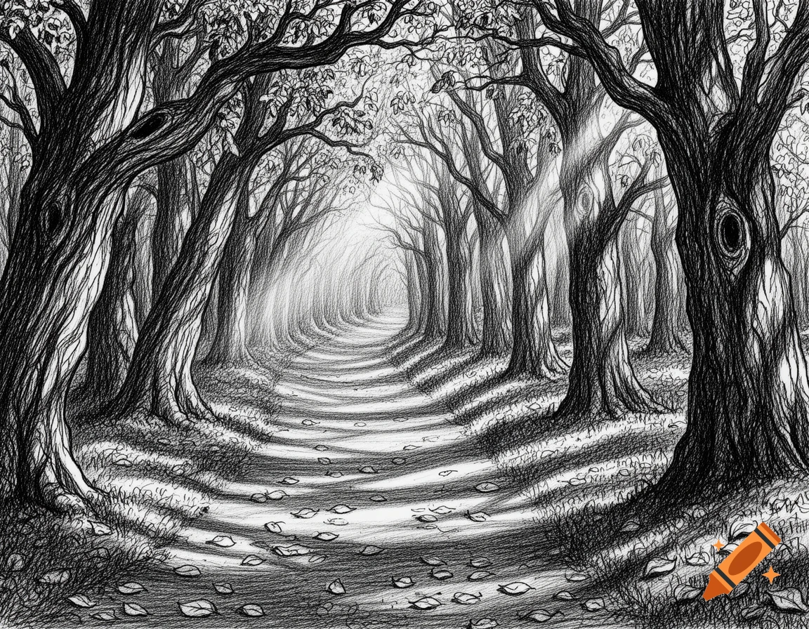 A black and white crosshatch drawing of a path winding through a dense forest, with light visible at the end.