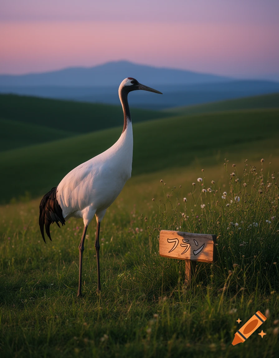 A red-crowned crane stands in a grassy field with a 'フラン' sign, under a pink sunset sky over rolling hills.