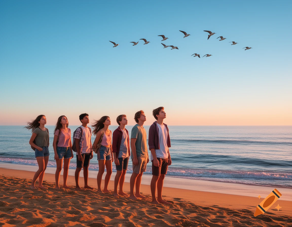 A diverse group of young people stand on a sandy beach at sunset, looking up at a flock of birds flying over the ocean.