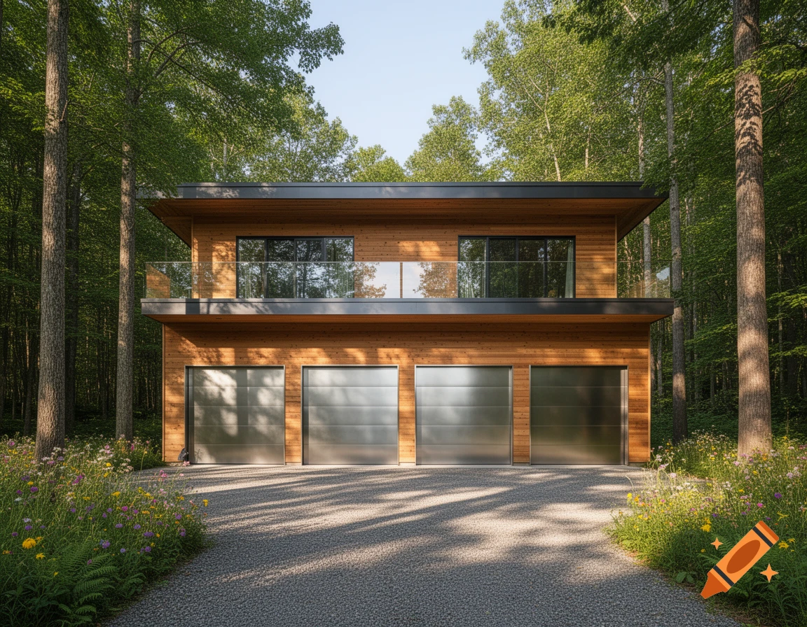 A modern, multi-story house with wooden siding and a flat roof, featuring a balcony and four garage doors, nestled in a dense forest with a gravel driveway and wildflowers.