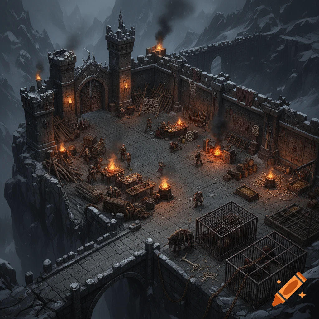 Dark fantasy isometric battle map of a mountain bandit fortress with stone walls, towers, courtyards, fires, and cages, surrounded by snowy peaks.