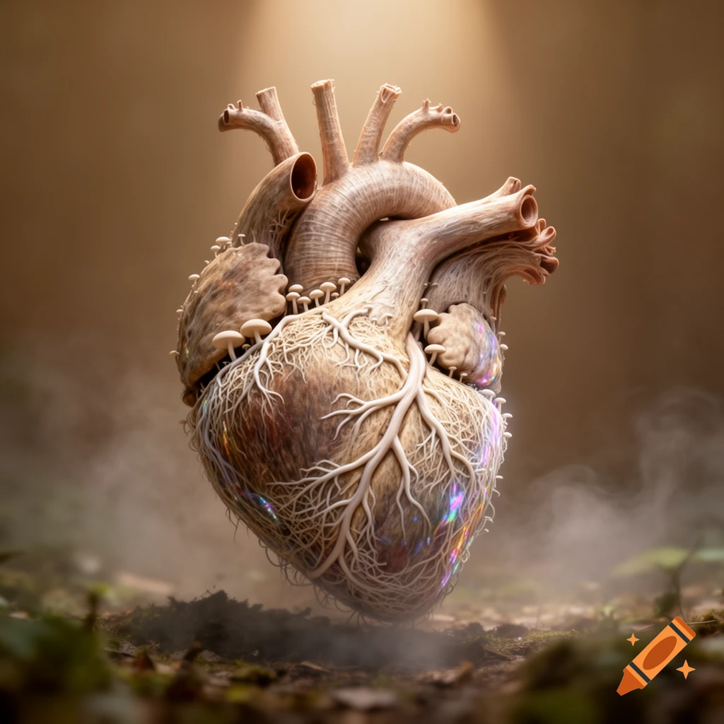 A fantastical anatomical heart made of wood and mycelium with roots and mushrooms, on a misty forest floor with soft light.