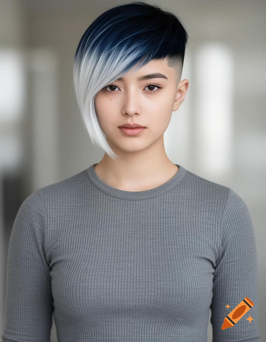 Photorealistic portrait of a young woman with a bluish-black asymmetrical pixie cut and white frosted bangs, wearing a gray ribbed shirt.