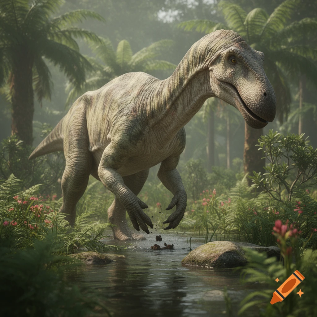 A photorealistic Deinocheirus dinosaur wades in a shallow stream in a lush, misty jungle environment.
