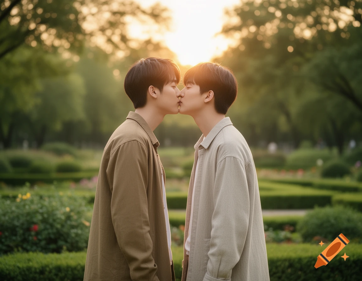 Two young men kiss amidst lush greenery with golden sunlight filtering through trees, in a photorealistic style.