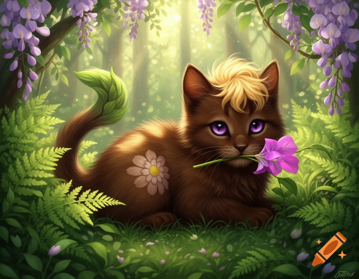 A cute, brown fantasy cat with purple eyes, blonde hair, and a leaf tail, holding a purple flower in a wisteria-filled forest.