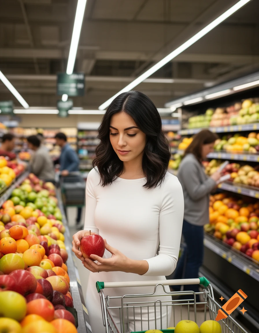 A woman in a white top holds a red apple in the produce aisle of a well-lit supermarket, with a shopping cart nearby.