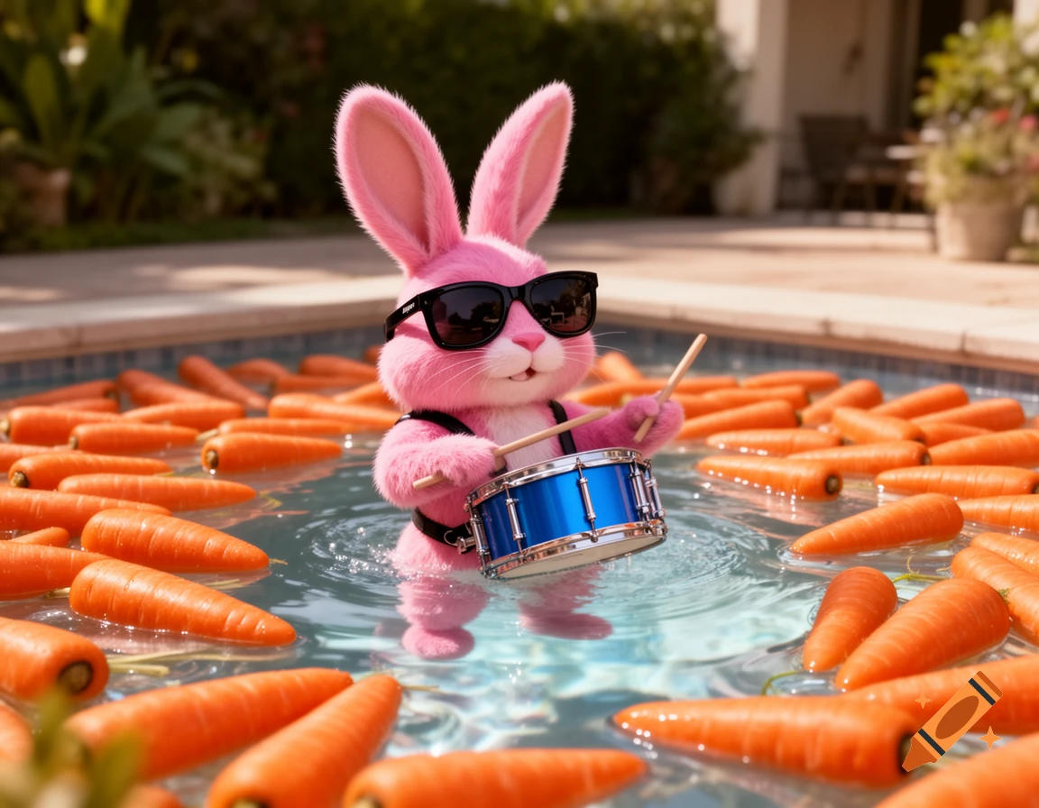 A pink, fluffy bunny wearing sunglasses plays a blue drum while wading in a swimming pool filled with floating carrots. Photorealistic.