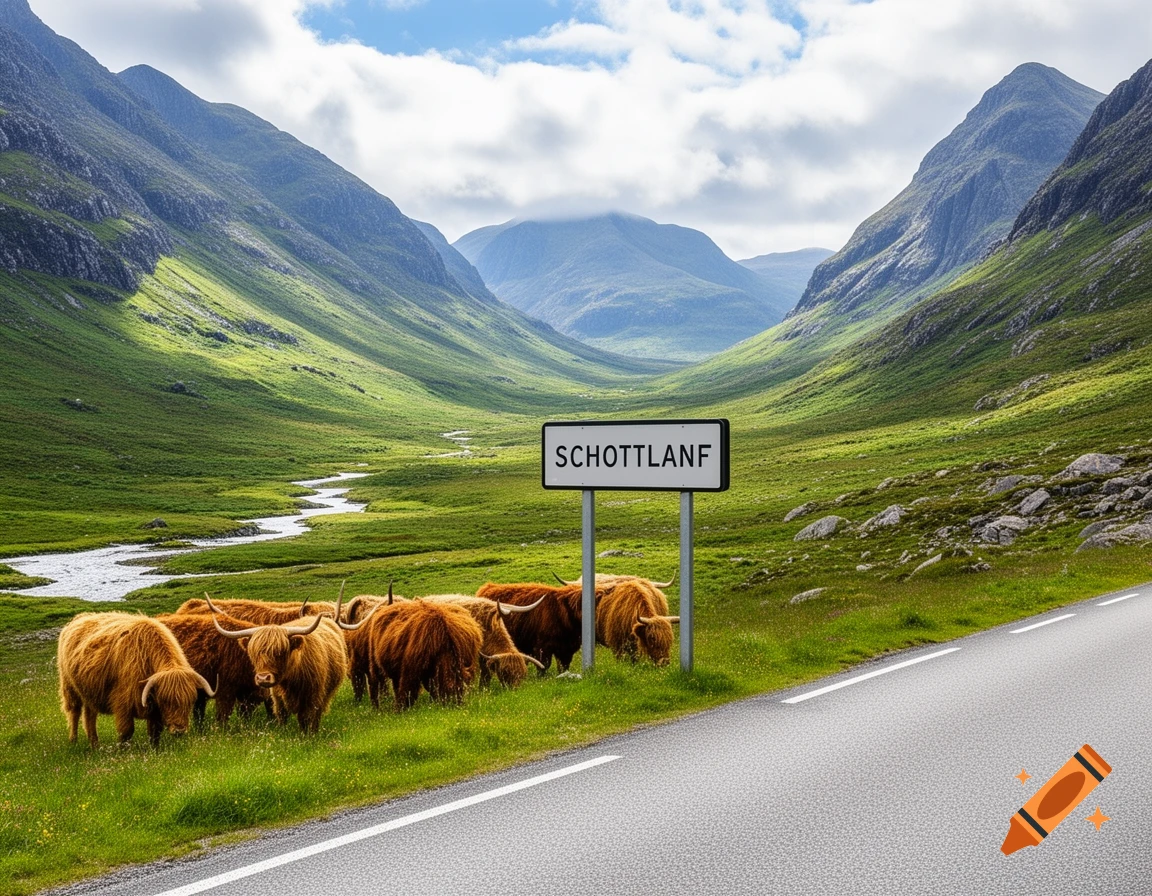 Photorealistic image of Highland cows grazing by a road in a green mountain valley with a river and a sign that says SCHOTTLANF.