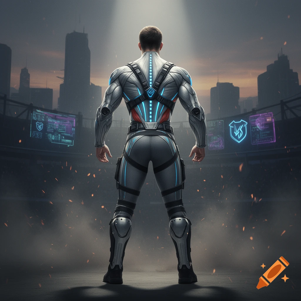 A man in a futuristic silver and blue suit stands in a dystopian city stadium, illuminated by a spotlight with glowing holographic screens.