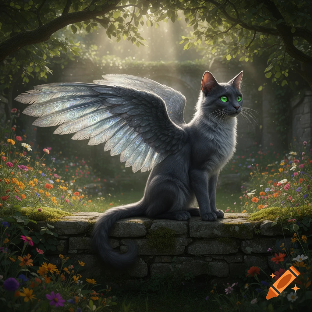 A majestic winged gray cat with bright green eyes sits on a mossy stone wall in a sunlit, wildflower-filled fantasy forest.