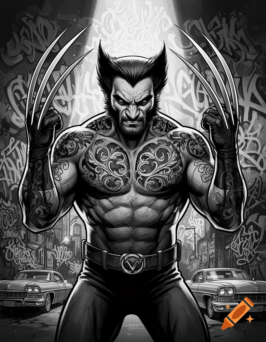 A monochrome comic book illustration of a muscular Wolverine with tattoos and claws unsheathed, standing in an urban setting with graffiti and classic cars.