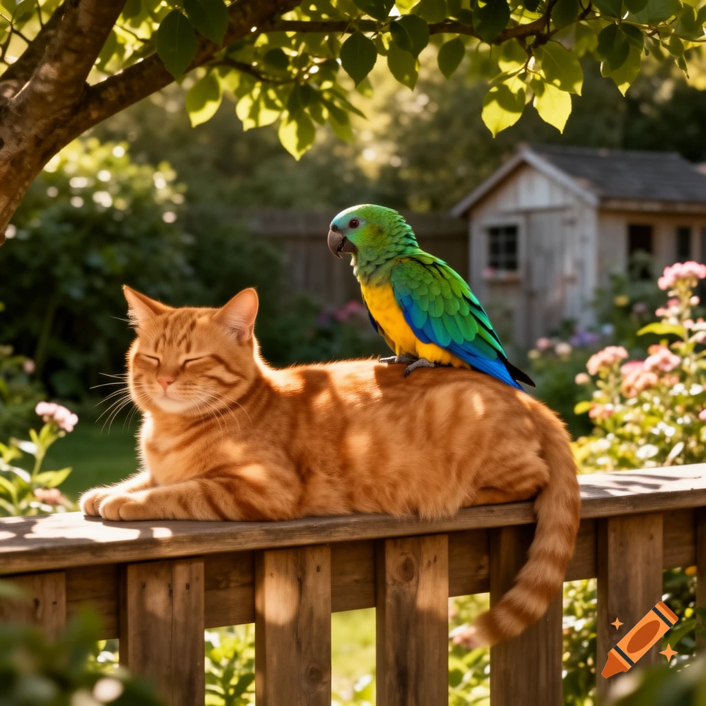 An orange tabby cat rests on a wooden fence with a blue and green parrot perched on its back, in a sunlit garden.