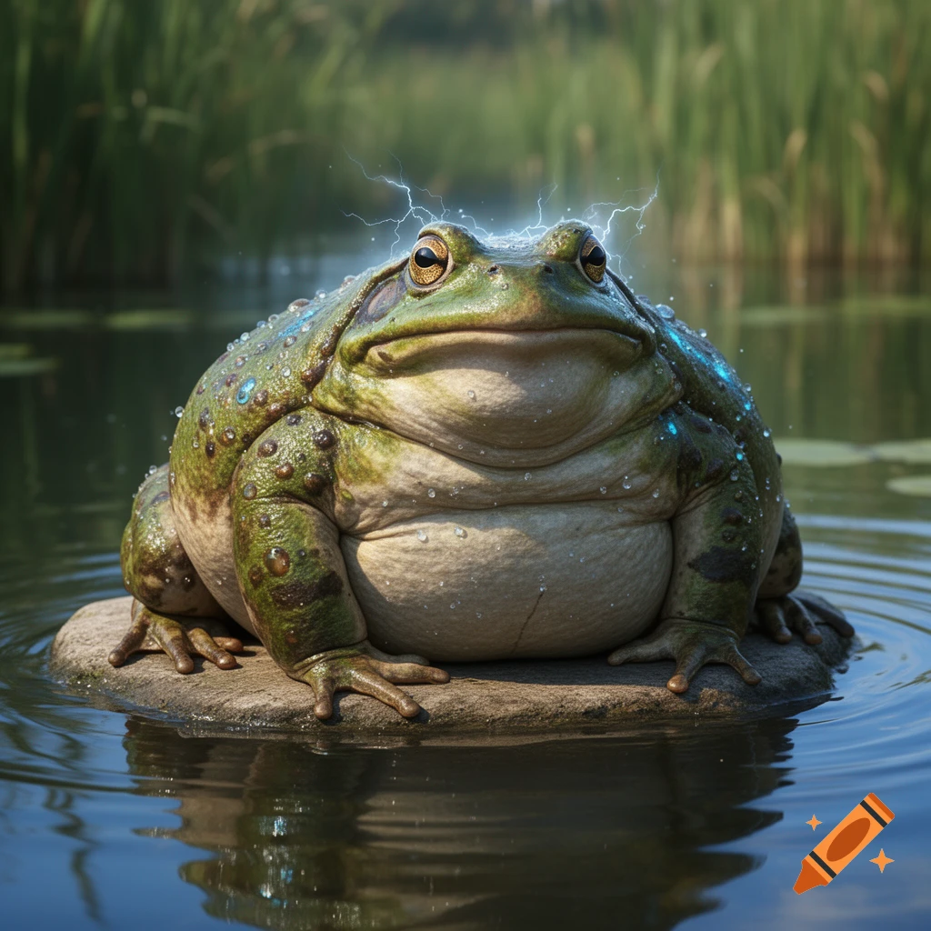 A very fat, green-skinned frog with glowing blue dots and electric sparks around its head sits on a rock in a calm pond with tall grass in the background. Photorealistic style.
