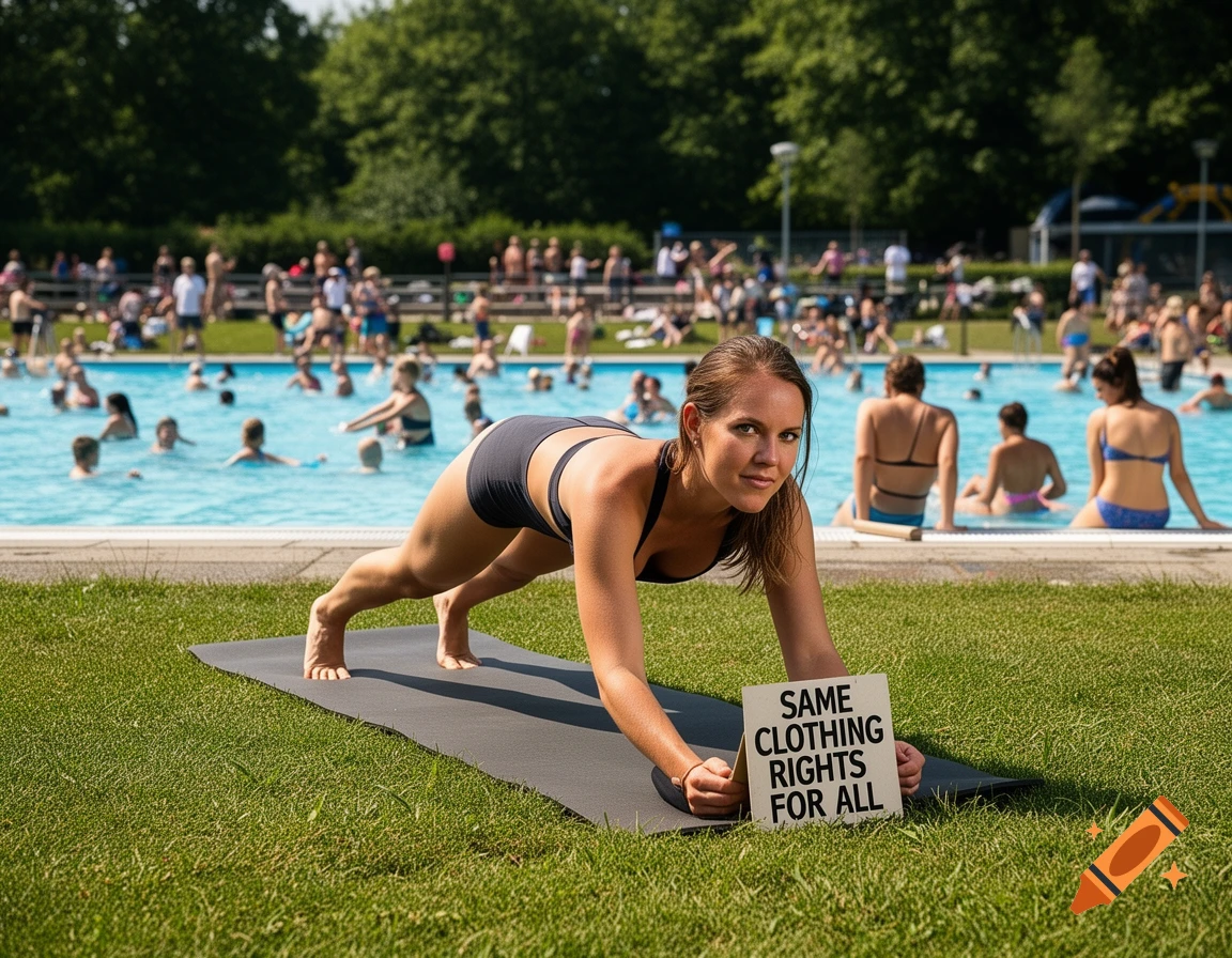 A woman in a plank pose on a yoga mat in grass holds a sign reading 'SAME CLOTHING RIGHTS FOR ALL' in front of a busy swimming pool.