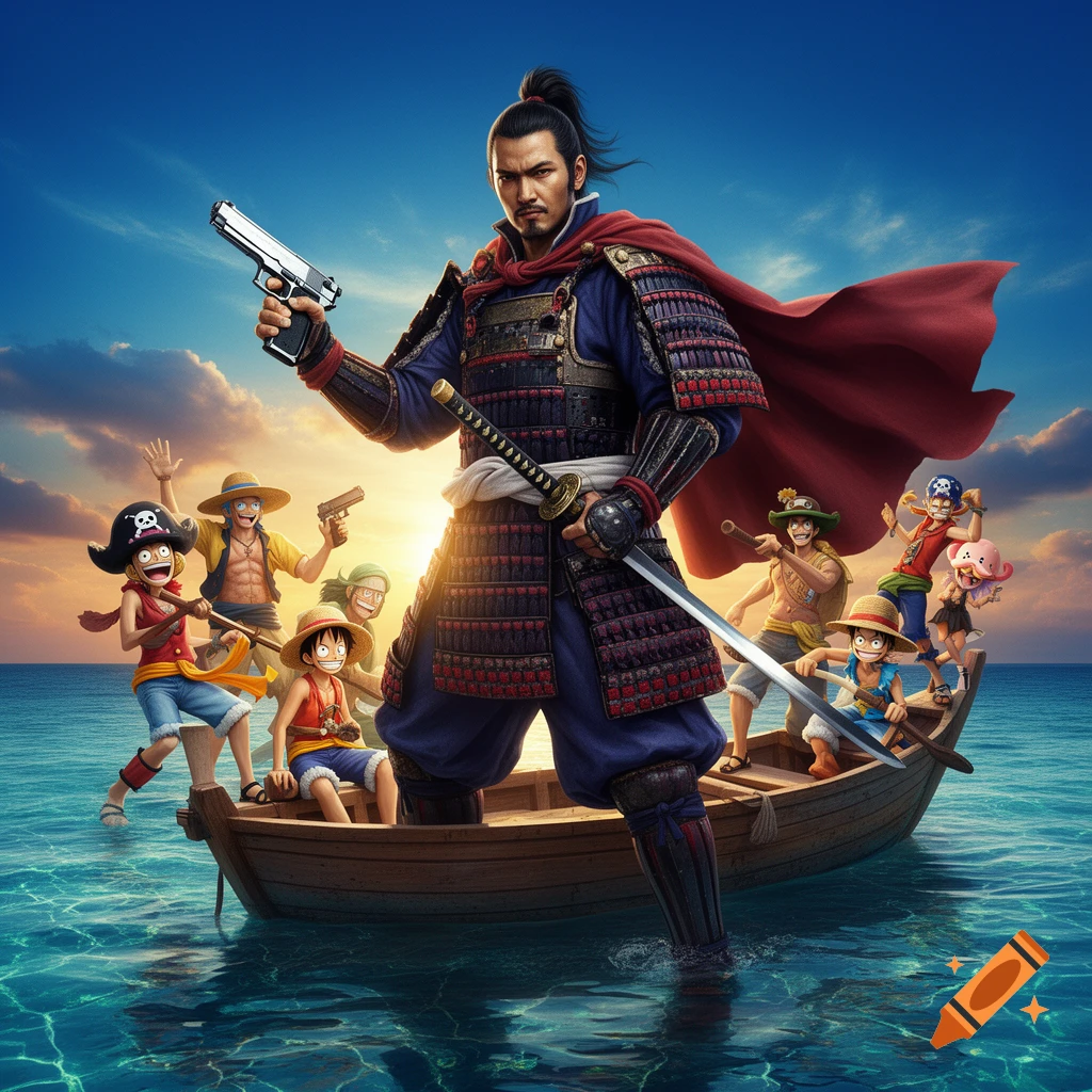 A stylized samurai warrior with a pistol and katana stands in the ocean, a boat full of One Piece characters like Luffy and Chopper behind him, all under a bright sky.