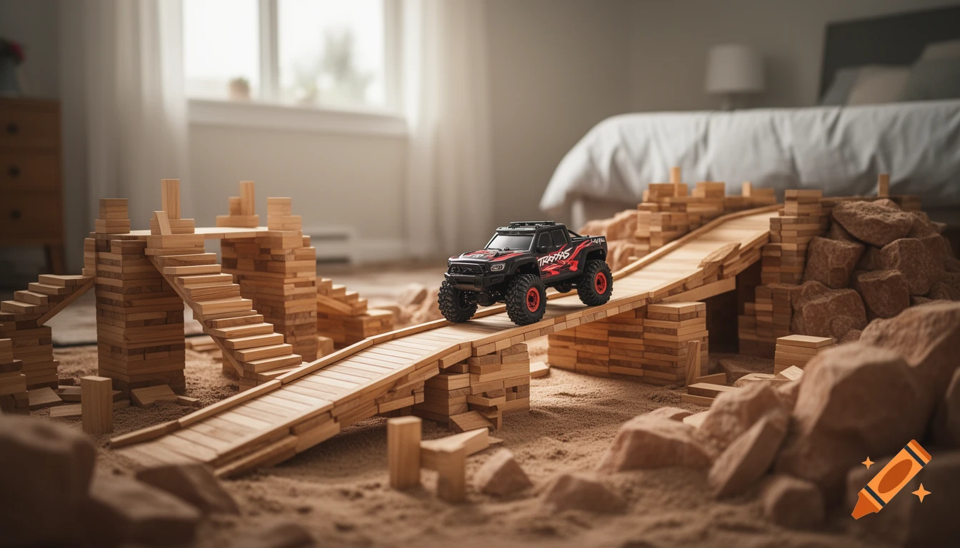A red and black RC truck drives on a wooden block obstacle course with sand on a bedroom floor, photorealistic.